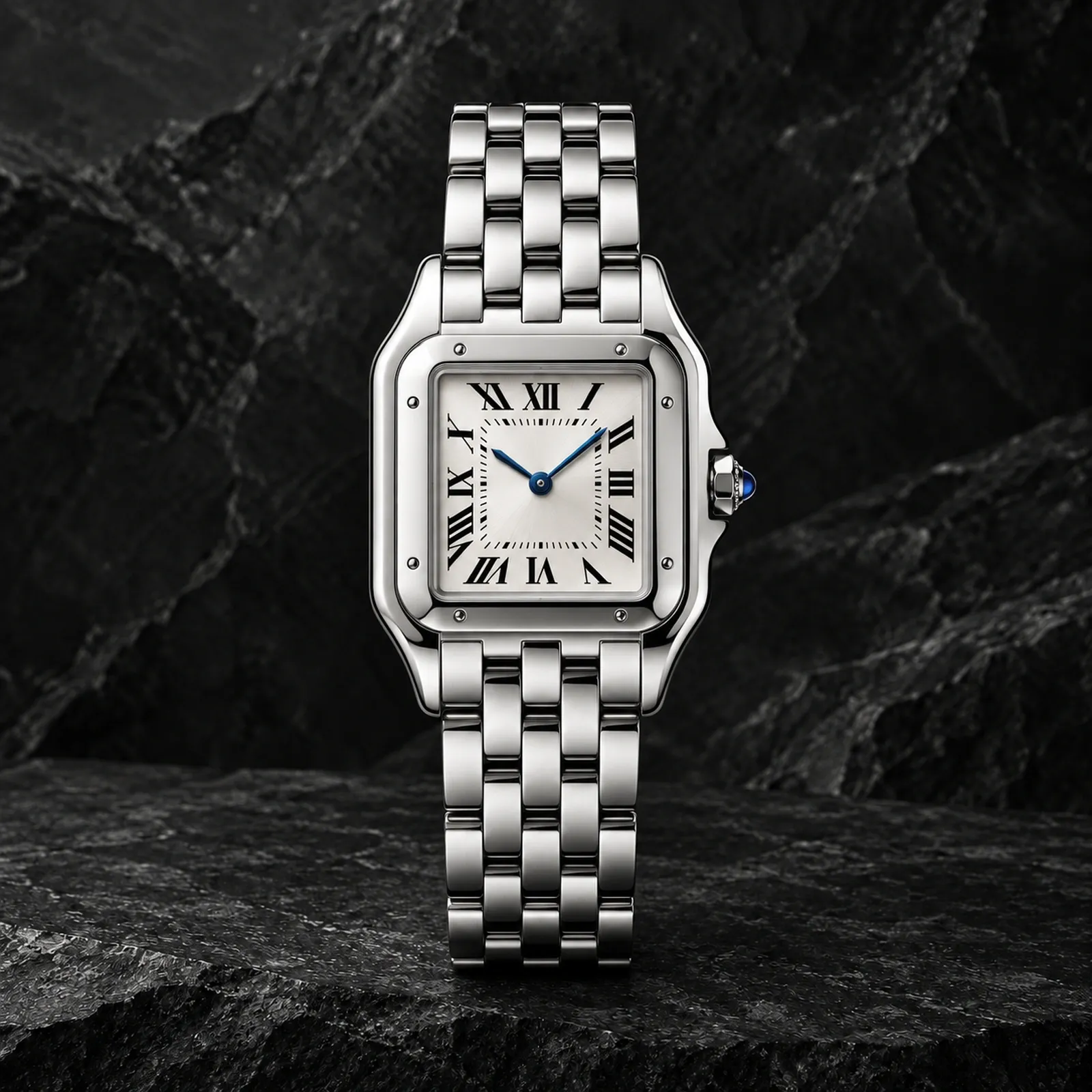 Front view of a steel square watch with silvered Roman-numeral dial and steel bracelet on a dark stone background.