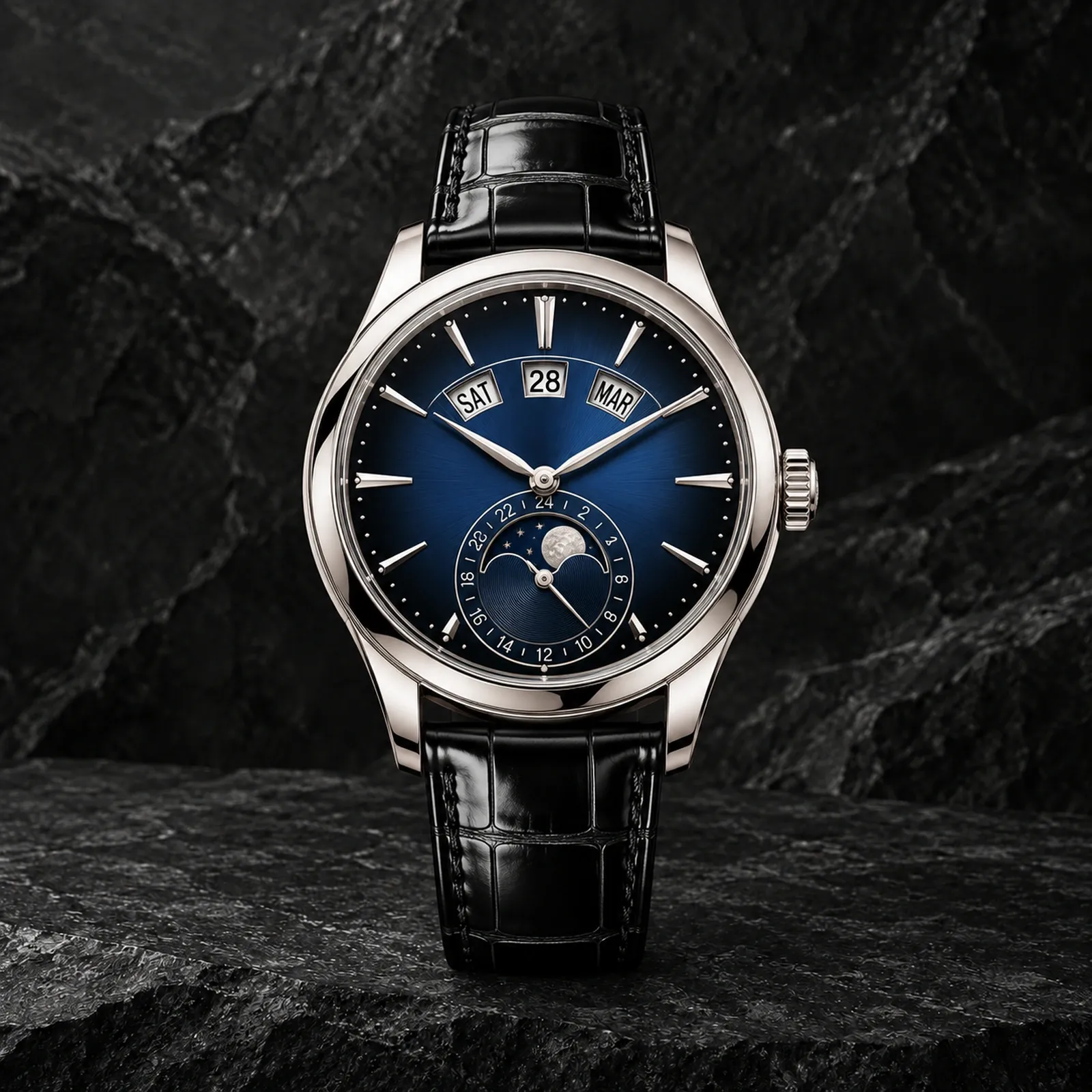 Front view of a white-gold annual calendar watch with blue dial, moon-phase display and black alligator strap on a dark stone background.